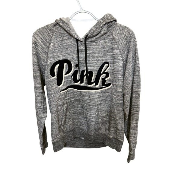 PINK Victoria's Secret Tops - PINK Victoria's Secret Gray Heathered Logo Hoodie Sweatshirt Women's Large